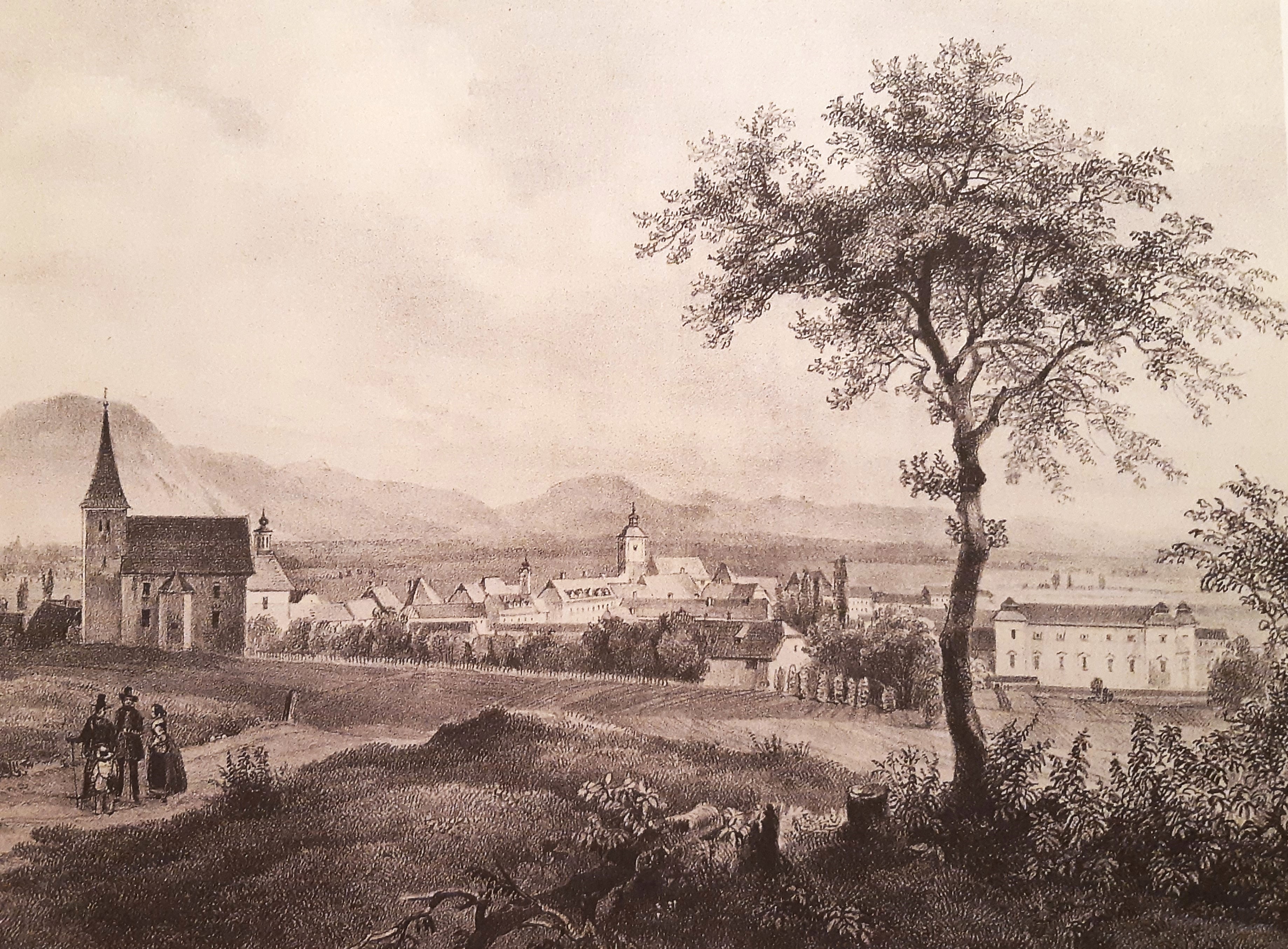 Slovenska Bistrica in župnijska cerkev sv. Jerneja okrog leta 1845, upodobljena v Lamplovi suiti.